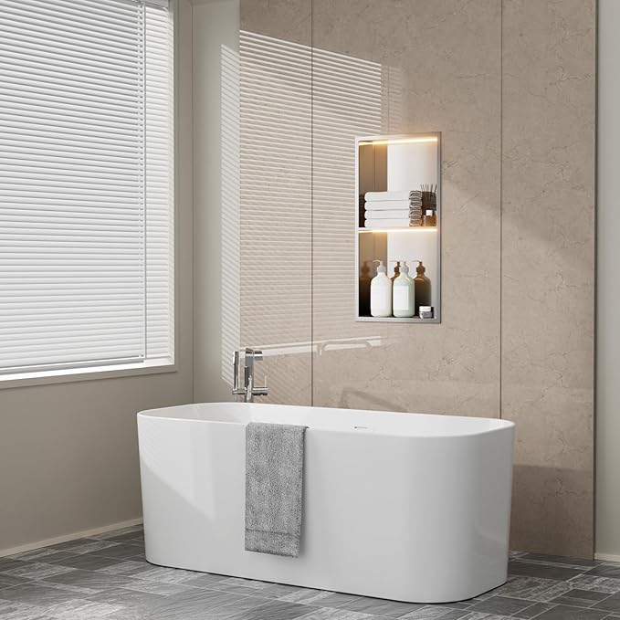 TSIBOMU Stainless Steel LED Lights Shower Niche 12"x24" - No Tile Needed Double Shelves Recessed Wall Niche for Bathroom Storage, Brushed