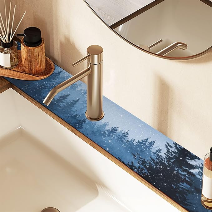 Kitchen Sink Splash Guard 1 PC 30 Inch Sink Faucet Mat Splash Guard for Bathroom Countertop Water Absorbent Foldable Cuttable Soft Washable Watercolor Winter Mountain Blue