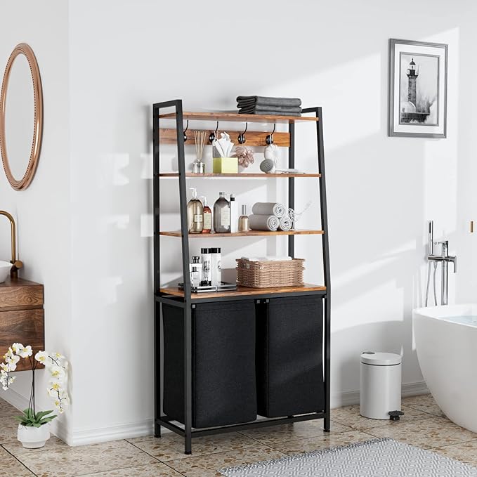 Furnulem 4 Tiers Laundry Hamper with Shelf and Hooks, Tall Laundry Basket Sorter with 2 Removable Bags, Double Clothes Hampers Organizers for Bathroom Bedroom