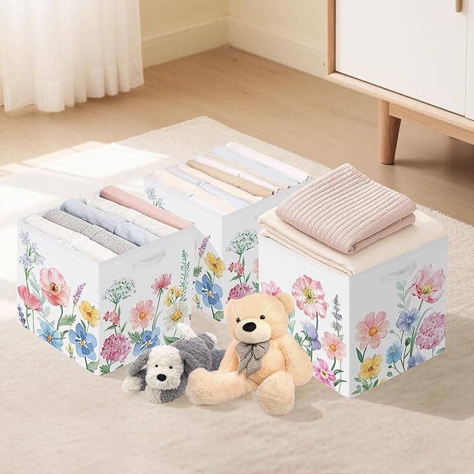 Clastyle Flowers Storage Cube Organizer Set Handle Closet Clothes Cube with Metal Frame Foldable Parents Organizer Storage Basket for Book Toy,Watercolour,11.8x11.8x11.8 in