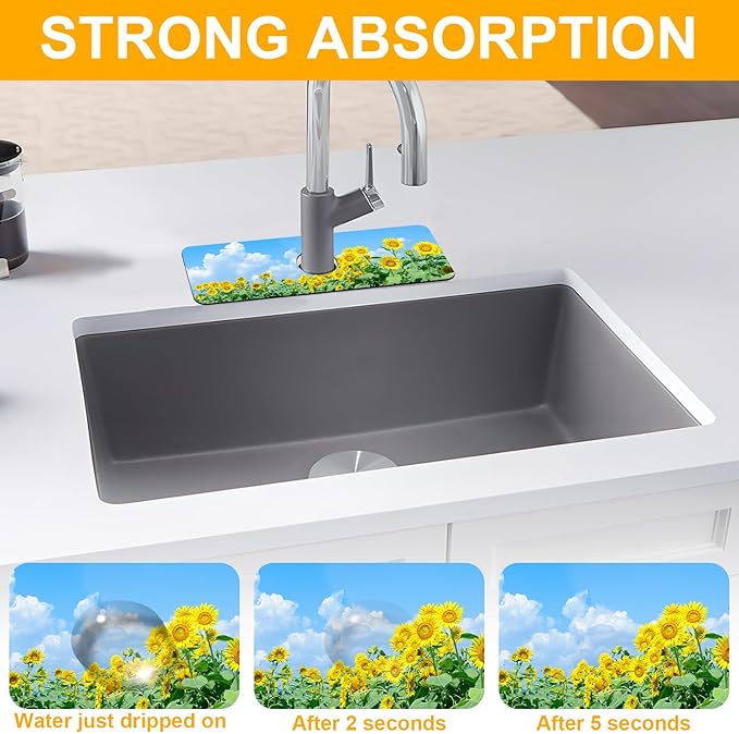 2 Pack Sunflower Field Sink Faucet Absorbing Mat Sunflowers Blooming Super Absorbent Fast Drying Mat Sink Gadgets Behind Faucet Sinkmat for Kitchen Bathroom, 15.5"x5.5"