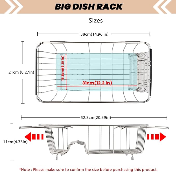Sink Dish Drainer Rack, Expandable 304 Stainless Steel Dish Drying Rack Organizer with Stainless Steel Utensil Rack, Adjustable 14.96" to 20.59" Inside The Sink (up to 7 Upright Utensils).