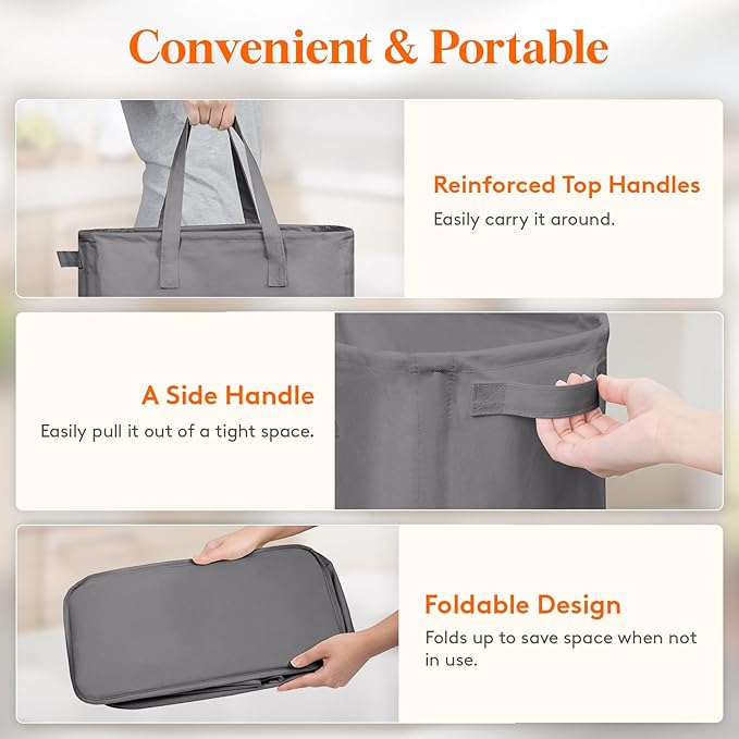 Lifewit 2 Pack Slim Laundry Hamper, Collapsible Narrow Laundry Basket, Small Tall Dirty Clothes Hampers with Handles for Bathroom Bedroom College Dorm, Grey, 65L