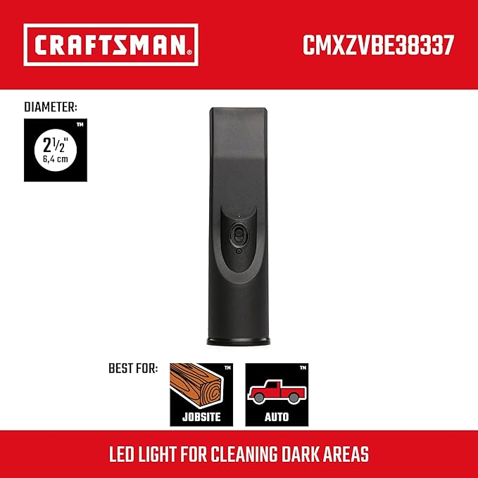 CRAFTSMAN CMXZVBE38337 2-1/2 in. LED Lighted Car Nozzle Wet Dry Vac Attachment, Industrial-Grade Shop Vacuum Accessory for Illuminating Dark Areas While Cleaning, Fits 2-1/2 in. Hose Diameter