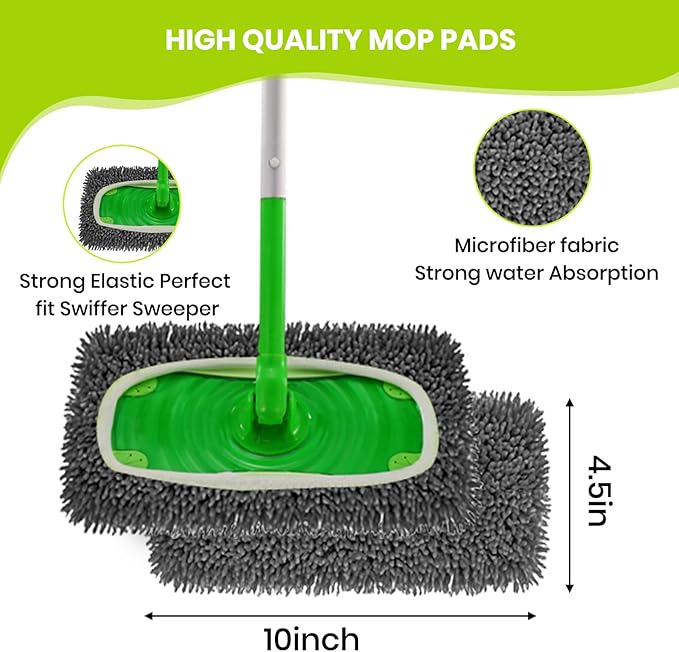 8 Pack Chenille Mop Pads, Reusable Microfiber Mop Refills for 10''–12'' Flat Mops, Washable Wet & Dry Floor Pads for Hardwood, Tile, Compatible with Swiffer Sweeper(Gray)