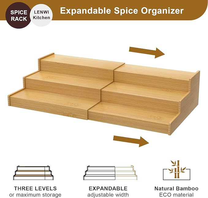 Spice Rack Organizer for Cabinet, 3 Tier Expandable Bamboo Spice Storage for Kitchen Cupboard Pantry