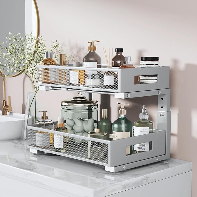2 Packs 17IN Depth Under Sink Organizer, 2-Tier Pull Out Cabinet Organizer With Smooth Circular Rail, Large Capacity Metal Mesh Sliding Drawers For Bathroom& Kitchen Storage,Height Adjustable–Gun Gray