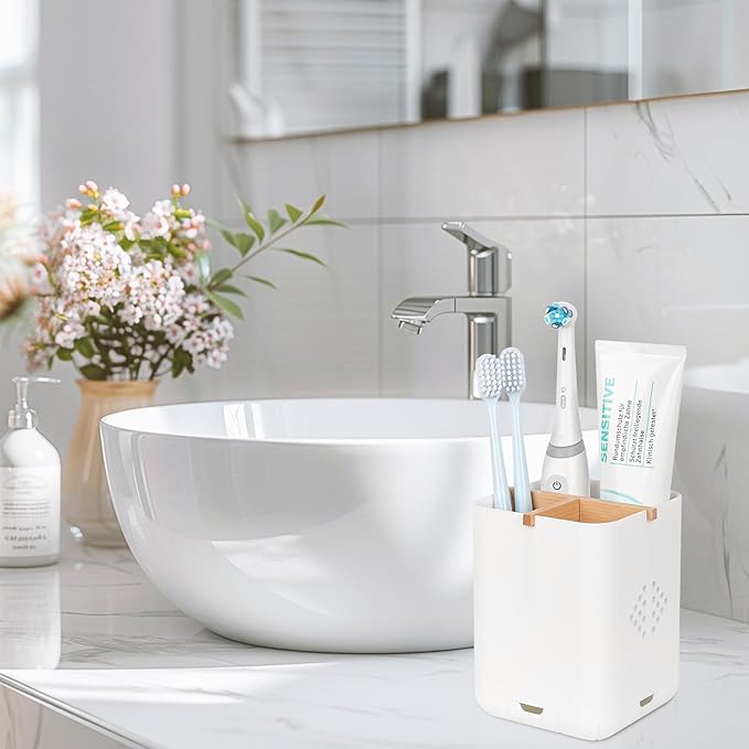 Toothbrush Holders for Bathroom Countertop, Detachable Electric Toothbrush Holder with Divider Toothbrush and Toothpaste Organizer Storage (3 Slots White)