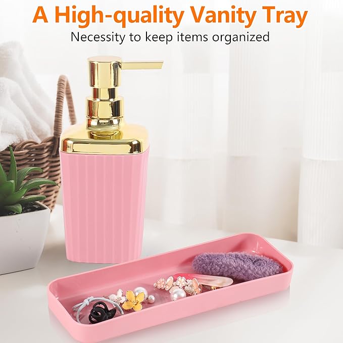 Bathroom Accessory Set,9 Pieces Pink Bathroom Accessories Set with Trash Can, Toothbrush Holder, Soap Dispenser, Toothbrush Cup, Vanity Tray, Soap Dish, Toilet Brush, Qtip Holder