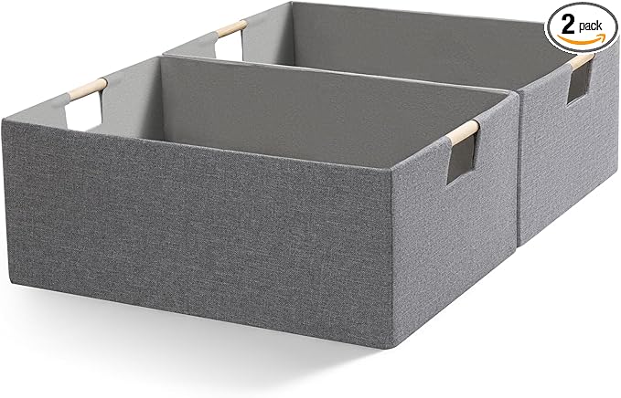 Foldable Fabric Storage Cubes, 2 Packs Cloth Storage Baskets with Wooden Handles, Collapsible Shelf Closet Organizer Bins, Rectangular Storage Boxes for Decor (Gray)