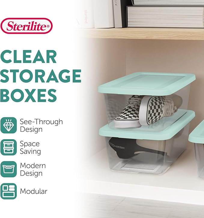 Sterilite Set of 10 Storage Boxes, Clear Plastic Stackable Containers, Lightweight Home Organizers with Snap Lids, 6 Quart, Mindful Mint
