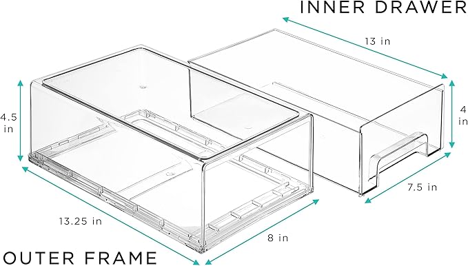Sorbus Medium Clear Storage Drawers (6 Pack) – Stackable Organizer Drawers for Fridge, Pantry, Kitchen – Pull-Out Storage Bins with Handles, Slide Out Acrylic Drawers