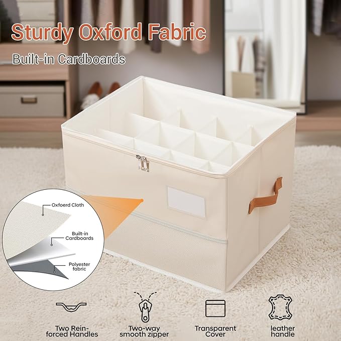 Shoe Organizer for Closet, Foldable Shoe Box Storage Containers with Clear Cover, Smooth Zipper, Reinforced Handles and Bottom Support, Space Saving Shoes Holder, Beige (1, Small)