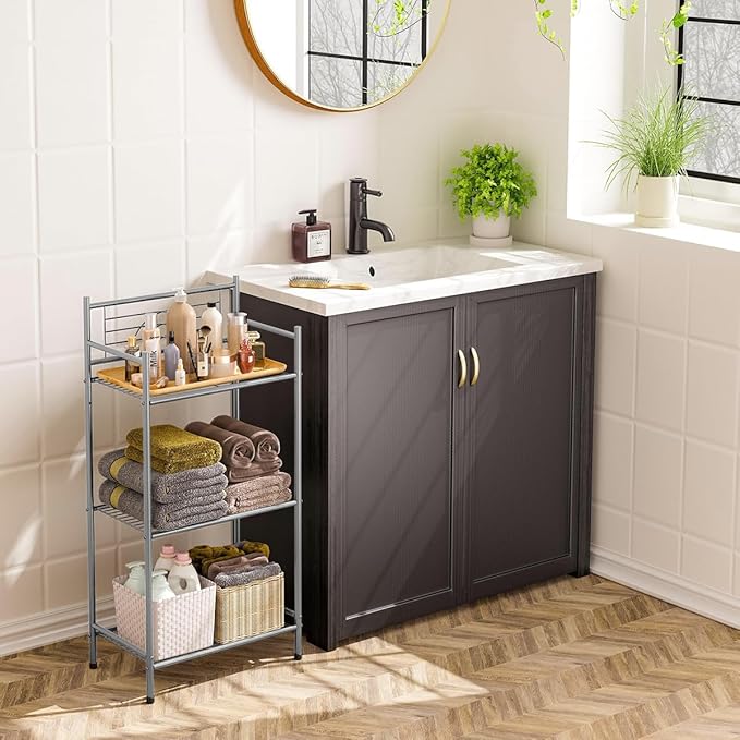 LEEDA 3-Tier Metal Shelving Unit, Sturdy Bathroom Storage Shelf & Free Standing Towel Rack with Adjustable Feet, Open Floor Shelves for Small Space in Bathroom, Kitchen, Office, Silver-Gray
