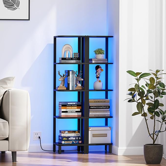 TUTOTAK Corner Shelf with LED Light, 5-Tier Corner Bookshelf for Small Space, Narrow Display Corner Shelf Stand with Storage Rack, for Living Room, Bedroom, Black BS08BK005L