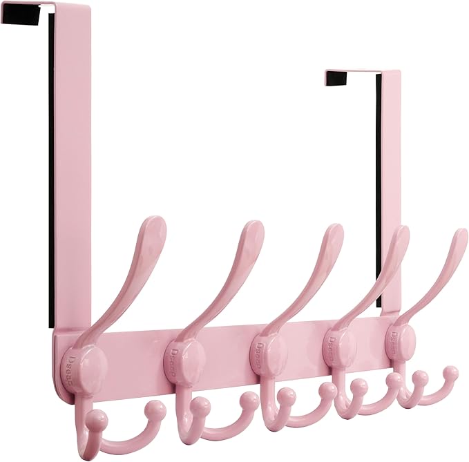 Dseap Over Door Hook 2.0 - Upgraded Version - Simple-Assembly, Strong, Heavy-Duty Stainless Steel 5-Tri-Hook Over The Door Hanger Rack, SimpleStrong Series, Pink