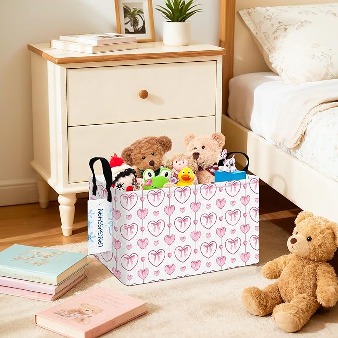 LANGYASHAN Rectangular Storage Bin Collapse Canvas Fabric Cartoon Storage Basket with Handles for Organizing Home Kitchen Boys and Girls Toys Office Closet Shelf Baskets (Rec Pearl Heart)
