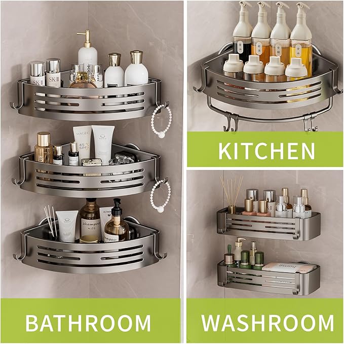 Shower Caddy Suction Cup, No Drilling Rustproof Bathroom Shower Shelf,Corner Shower Shelves with 6 Portable Hooks, Removable Bath Organizer with Towel Bar for Bathroom Hanging Storage(Gray)