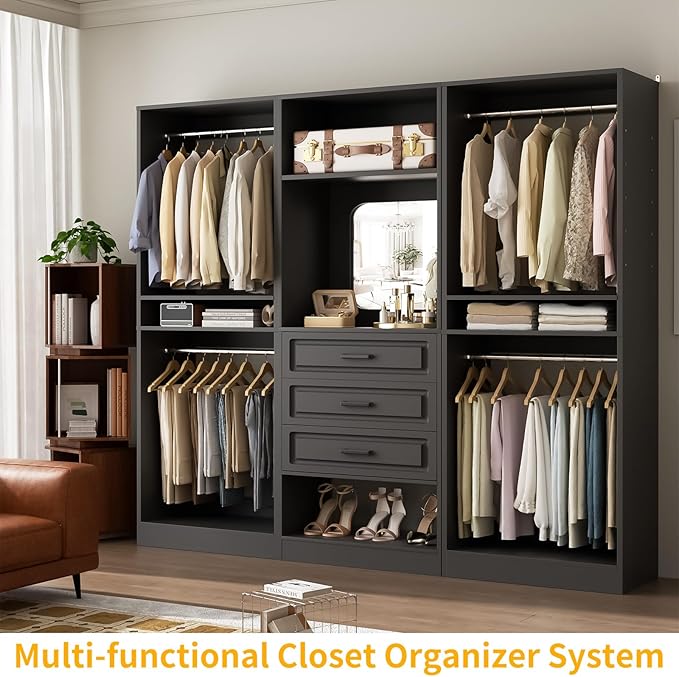 Unikito Modular Closet System with 3 Sets, 75”Closet Organizer System with Drawers, Mirror, Hanging Rods and Adjustable Shelves, Freestanding Wood Wardrobe Garment Rack, Walk in Closet Tower, Black