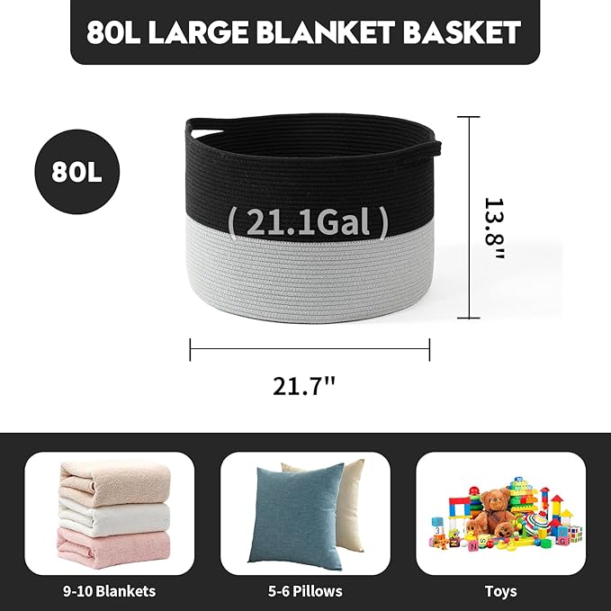 Foldable Laundry Hamper Basket with Collapsible Handle Cotton Rope Soft Woven Fabric Storage Organizer Clothes Toys Nursery Bedroom Dorm Space Saving Bin (Black & Grey, 80L(21.7"D x 13.8"H))