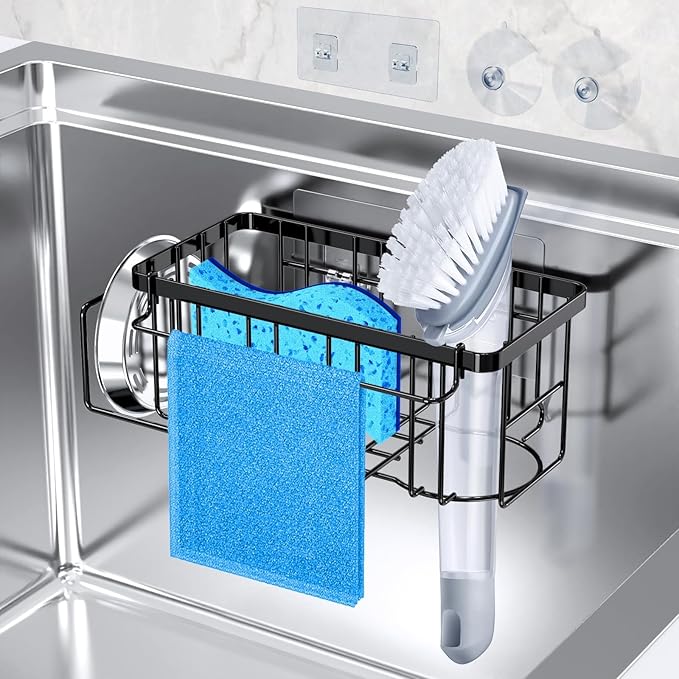 StorageRight 4-in-1 Sponge Holder for Kitchen Sink, Sink Caddy Organizers and Storage with Adhesive Hook & Suction Cups, Rustproof Kitchen Sink Organizer for Home Decor - Black