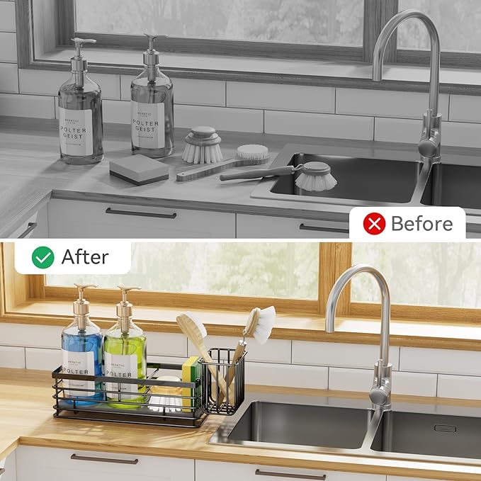 Yofidra Kitchen Sink Caddy Sponge Holder - 304 Stainless Steel Sink Organizer with Diatomite Quick-Dry Base, 3 Compartments Caddy Organizer, Detachable Brush Rack, 9.2" x 3.9" x 4.4"