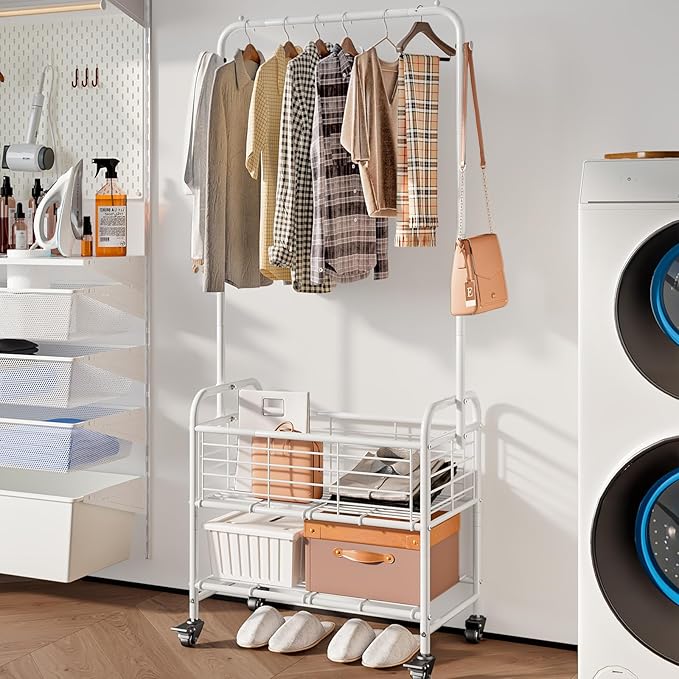 SUOERNUO Laundry Basket with Wheels Rolling Laundry Hamper Laundry Sorter Cart Shelf Hanging Rack,White