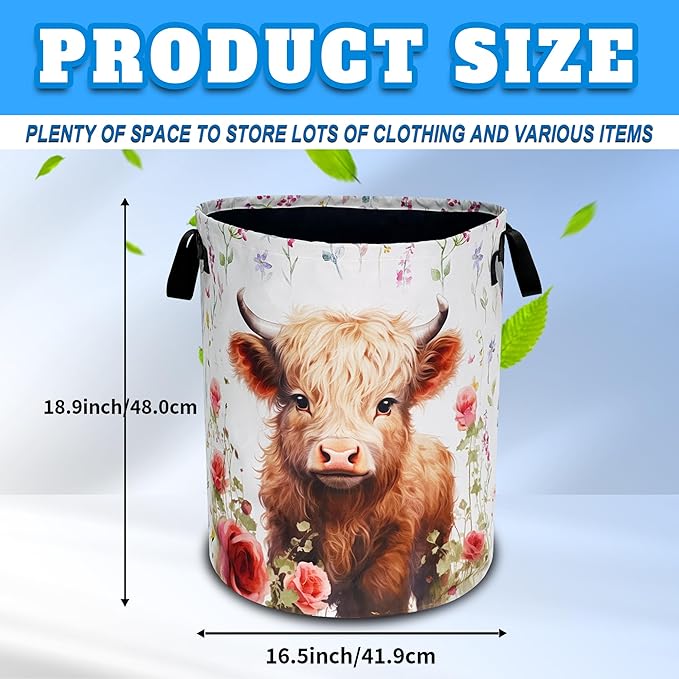 Cute Highland Cow Laundry Basket Oxford Cloth Animal Laundry Hamper With Handle Foldable Portable Clothes Storage Basket 18.9 X 16.5 Inch Storage Bag For Laundry Room/Bathroom/Bedroom/Dormitories