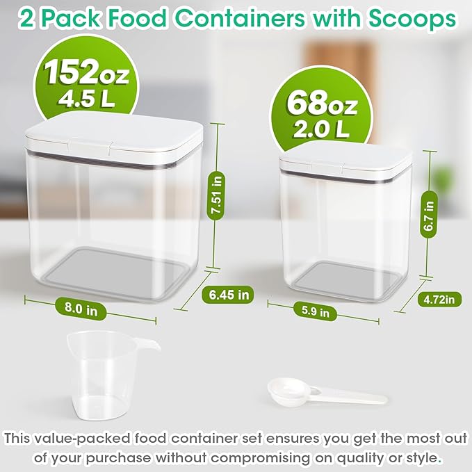 TBMAXS 2 Pack Flour and Sugar Storage Containers with One-Press Flip-up Lid, 2.1Qt + 4.75 Qt Food Storage Container for Rice, Nuts, Snack, Dog Treat, Laundry Room, Kitchen Organization