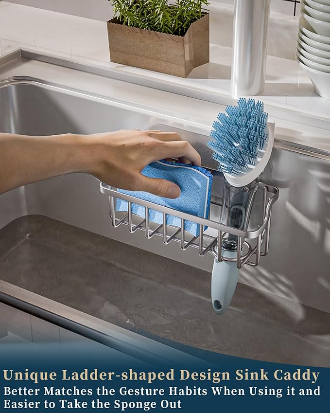 Consumest Sponge Holder Sink Caddy - Ladder Shaped Sponge Holder for Kitchen Sink with 2 Installation Ways (Suction Cups & Adhesive Hook), Rustproof Stainless Steel Kitchen Organizer, Sand Nickel
