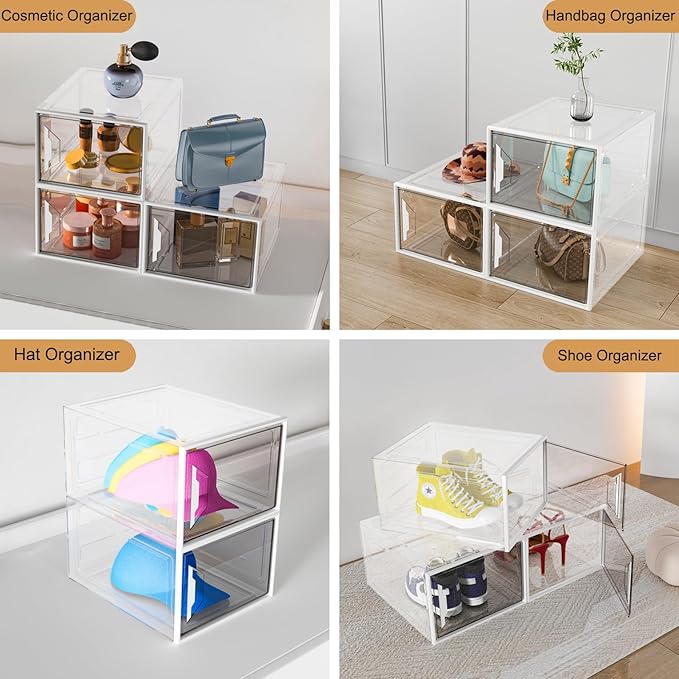 XL Large Stackable Shoe Boxes - Clear Plastic Shoe Storage Boxes with Magnetic Door, Thicken Shoe Organizer for Closet, Space Saving Foldable Shoe Containers Bins for Sneaker Boot - 6 Pack(White)