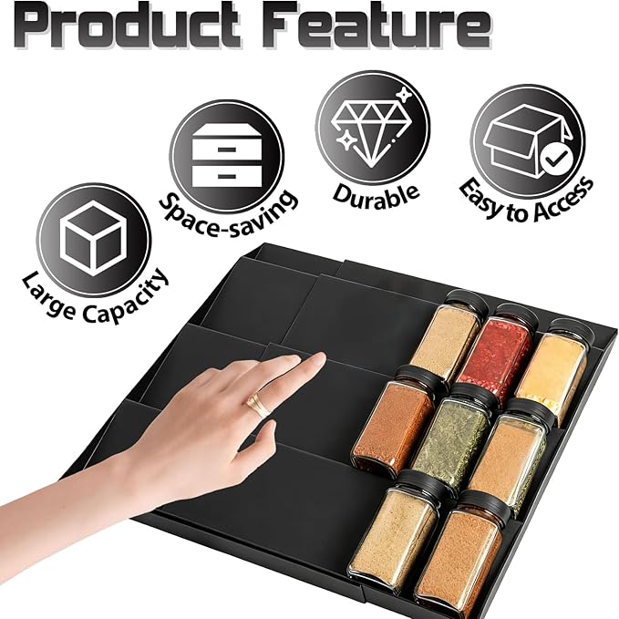 Spice Drawer Organizer, 4 Tier- 6 Pack Drawer Seasoning Organizers, Kitchen Spice Rack Tray Expandable From 12" to 24", Black Spice Rack Insert for Cabinet Countertop(Jars Not Included)