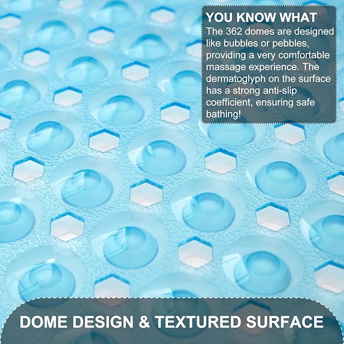 Bath Tub and Shower Mats, Non Slip 40 x 16 Inch Extra Large Bathtub Mat, Machine Washable Bathmat with Drain Holes, Suction Cups for Bathroom Floor, Clear Blue
