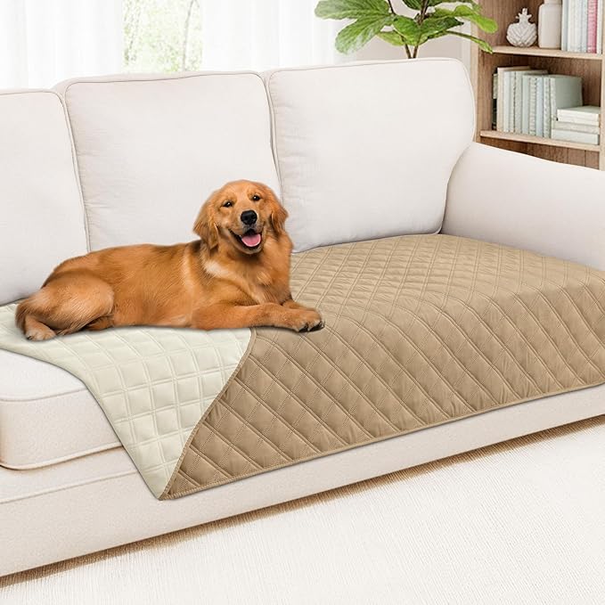 Smiry Waterproof Dog Bed Cover Pet Blanket, Soft Washable Dog Blanket for Furniture Bed Couch Sofa Reversible, Checkered (40"x80", Camel/Beige)