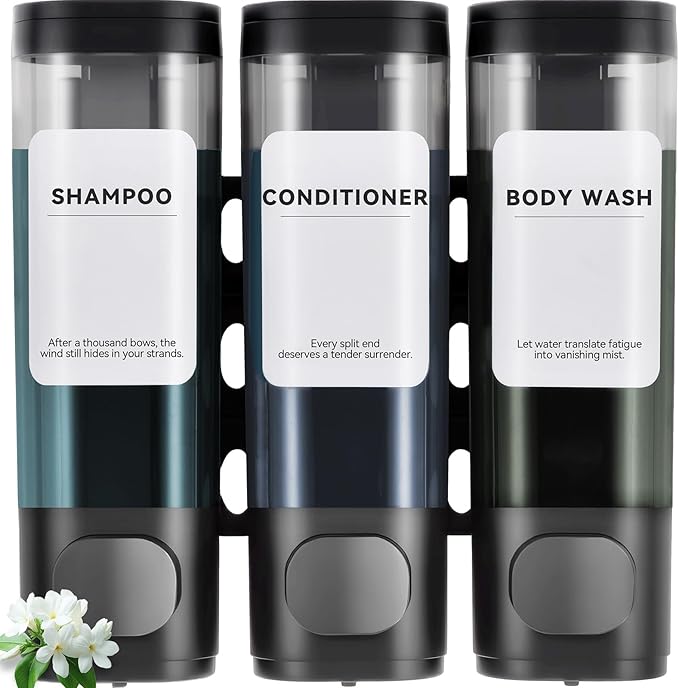 3 Pack Shampoo and Conditioner Dispenser, Shower Soap Dispenser 3 Chamber No Drill Wall-Mounted, Body Wash and Shower Dispenser Set for Shower Wall, Elegant Large Capacity for Bathroom Hotel, Black