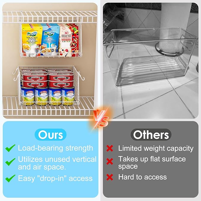 3-Pack Under Shelf Hanging Baskets with 360° Rotating Hooks - Space Saving Pantry Shelf Organizer for Kitchen Storage, Foldable Small Space Solutions for Pantry Organization, White