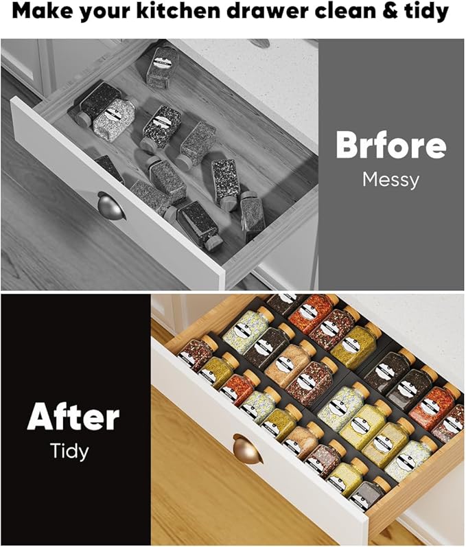 Artibear Aluminum Spice Drawer Organizer, Spice Rack Tray for Kitchen Cabinet, 6 Pieces Set-Expandable Seasoning Storage Rack From 8"-16" Insert for Drawer/Countertop (Jars Not Included)