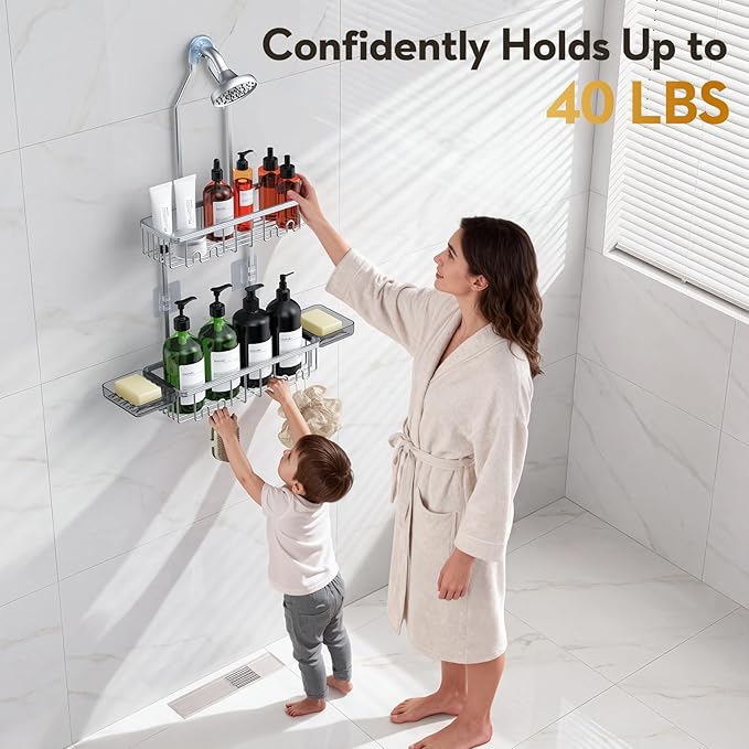 VALORDINE Shower Caddy Hanging, Shower Organizer Hanging, Aluminum Shower Racks for Inside Shower with Hooks for Razor, Never Rust Bathroom Organizers and Storage with Soap Holder, Bright Silver