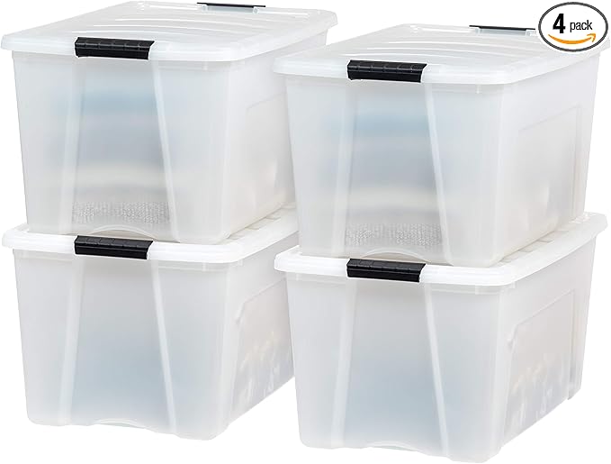 IRIS USA 72 QT Plastic Storage Box with Lid and Latches - 4 Pack - BPA-Free, Discreet Organizing Solution, Durable Nestable Stackable Containers, Secure Pull Handle - Pearl