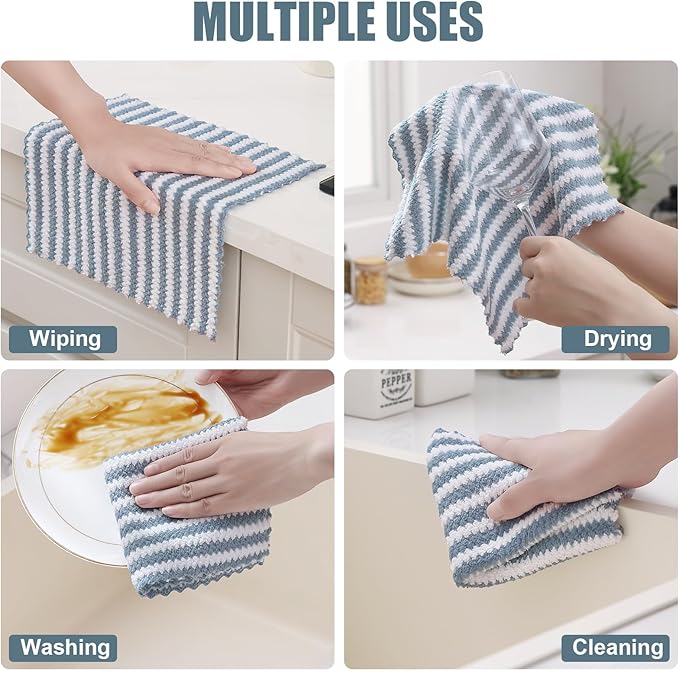 Homaxy 12 Pack Kitchen Dish Cloths, Ultra Soft and Absorbent Dish Towels, Reusable Fast Drying Microfiber Cleaning Cloth, Coral Velvet Wave Design No-lint, 10 x 10 inches, Dusty Blue