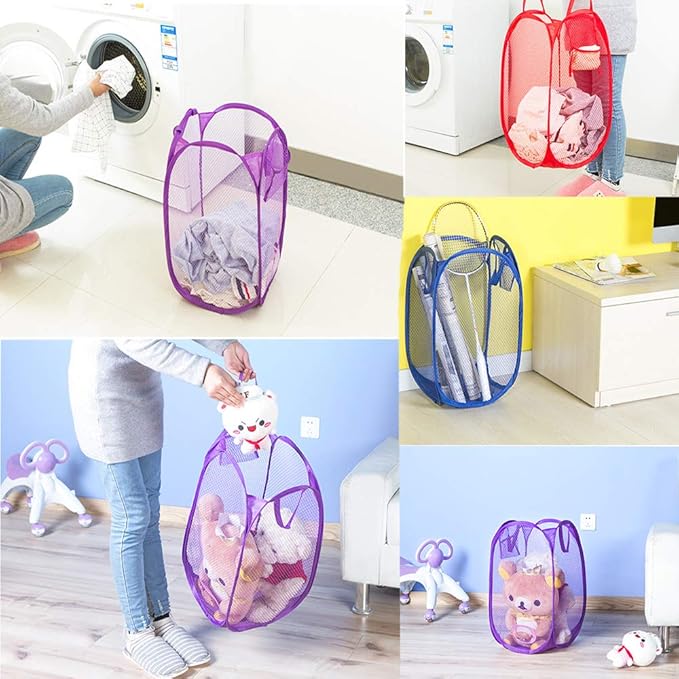 Qtopun Mesh Popup Laundry Hamper, 4 Pack Foldable Portable Dirty Clothes Basket for Bedroom, Kids Room, College Dormitory and Travel (Yellow,Pink, Purple,Dark Blue)