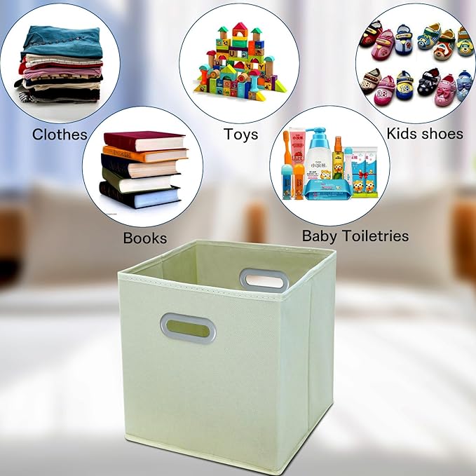 STOREONE Fabric Storage Bins Cubes Baskets Containers-(11X11X11) with Dual Handles Cube Storage Organizer Bins for Shelf Closet, Bedroom Organizers, Foldable Set of 3 (Creamy- White )