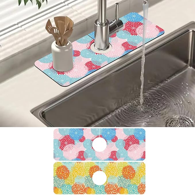 2 Pack Abstract Flowers Sink Splash Guard Faucet Mat Vintage Floral Super Absorbent Fast Drying Mat Sink Gadgets-Splash Guard Behind Faucet Drip Catcher for Kitchen Bathroom, 15.5"x5.5"
