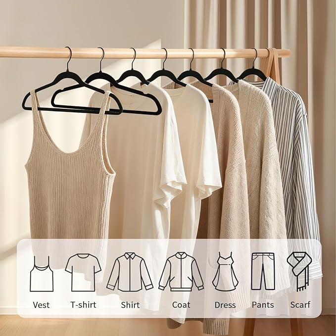 ManGotree Black Velvet Coat Hangers with 360° Swivel Black Hook, Non-Slip Felt Suit Hangers, Slim Space Saving Clothes Hanger for Jacket, Sweater, Shirt, Dress, Pants (22 Pack)