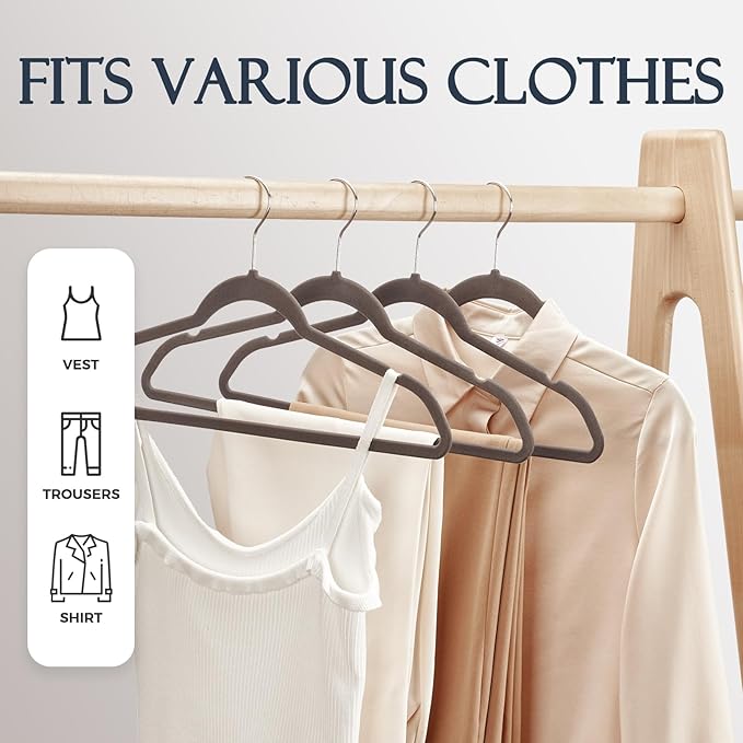 HOUSE DAY Taupe Velvet Hangers 60 Pack, Non Slip Clothes Felt Hanger Heavy Duty for Coat, Premium Slim Space Saving Suit Hangers for Closet Organizer, 360° Rotating Silver Hook