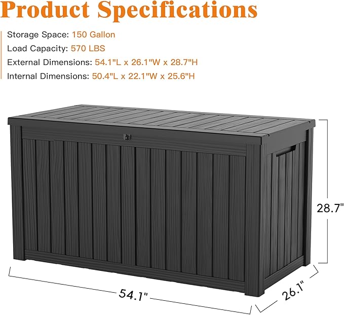 Outdoor Storage Box, Waterproof Deck Box, Outdoor Patio Storage Bin, Weatherproof (Black, 150 Gallon)
