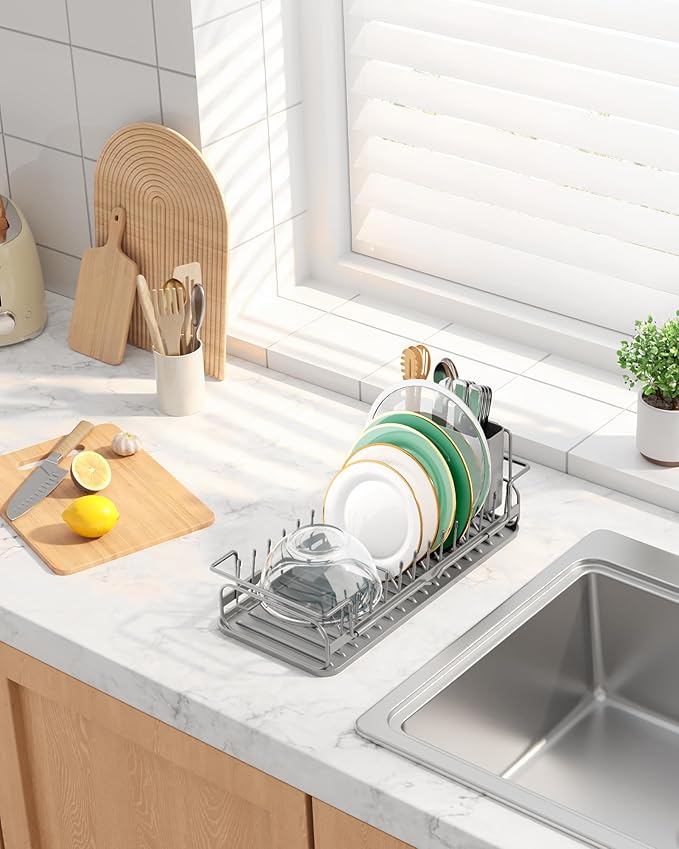 Kitsure Dish Drying Rack - Expandable Dish Rack for Kitchen Counter, Over Sink Or in Sink, Space-Saving Plates Dryer with Cutlery Holder & Drip Tray, 14.0"-20.9" L x 6.3" W x 8.0" H, Grey
