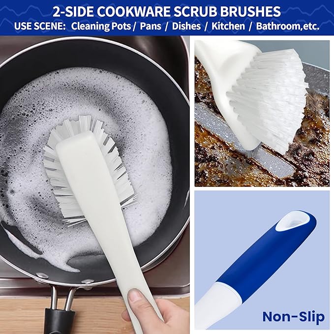 CELOX Kitchen Scrub Brush Set with Ergonomic Handle, Deep Cleaning Brushes, Include Dish Brush (Blue)