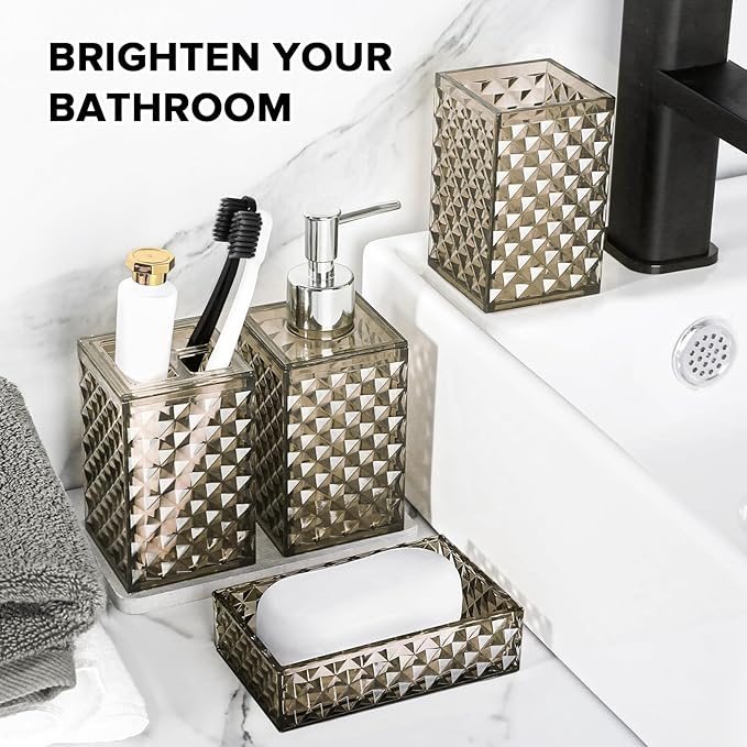 Brown Bathroom Accessories Set, 4 Pack Acrylic Bath Accessory Sets Complete, Diamond Soap Dispenser and Toothbrush Holder Bathroom Counter Sink Set, Boho Modern Bathroom Decor