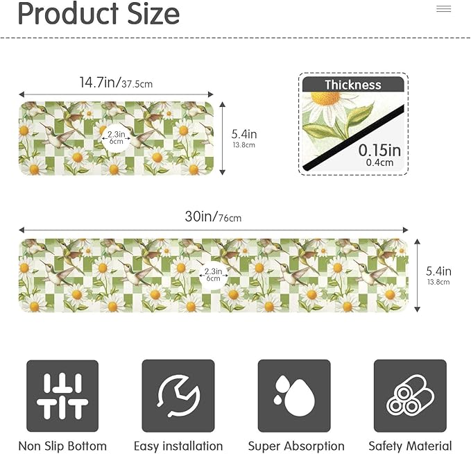 Checkered Green and White Hummingbirds Daisy Kitchen Sink Splash Guard Sink Faucet Mat Faucet Handle Drip Catcher Drain Mats for Kitchen Bathroom